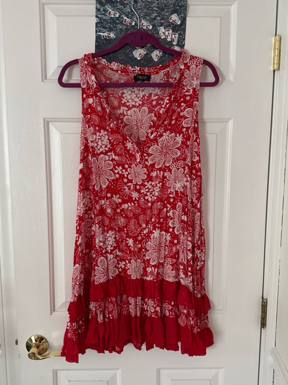 Papillon Blanc Red Floral Sleeveless Ruffle-Hem Tunic